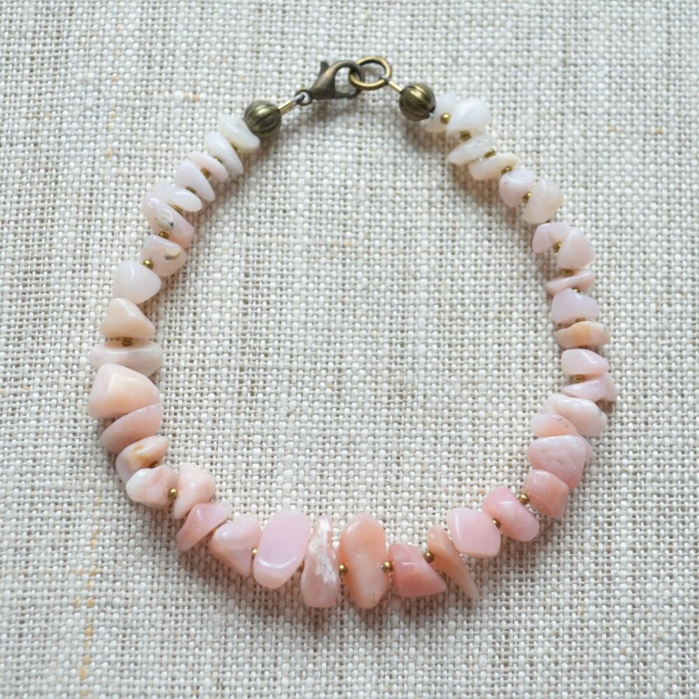 Handmade Pink Opal Beaded Bracelet with Antiqued Brass